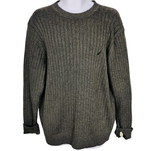 Nautica Sweater Mens L Gray Long Sleeve Crew Neck Knit Ribbed New - Picture 1 of 11